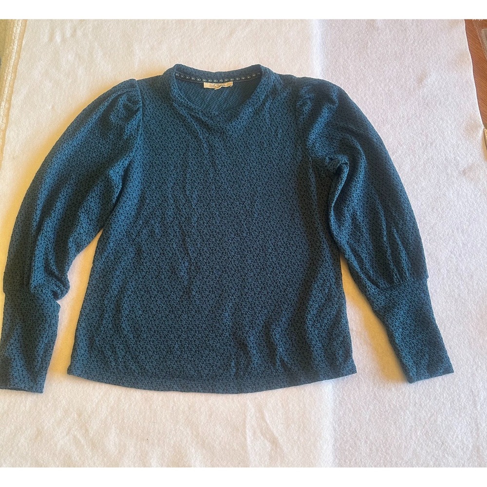 Les Serein Puff Sleeve Textured Blouse Womens Size M Teal Blue Long Sleeve
